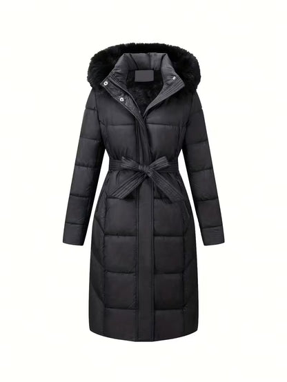 Midi Puffer Jacket with Hood and Belt - Long