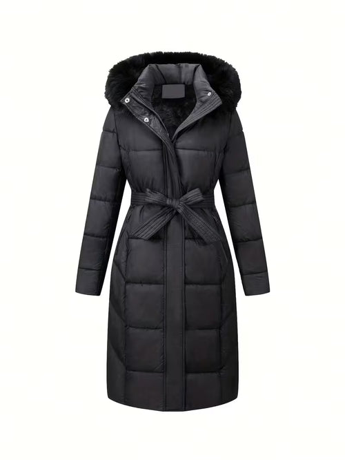 Midi Puffer Jacket with Hood and Belt - Long