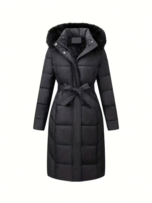 Midi Puffer Jacket with Hood and Belt - Long