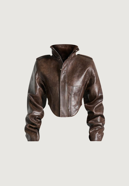 Vintage leather corset jacket with piped sleeves